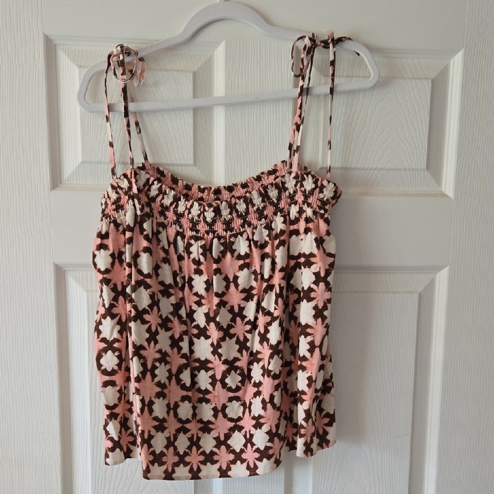 LOFT Pink, Brown & Cream Floral Smocked Tank Top